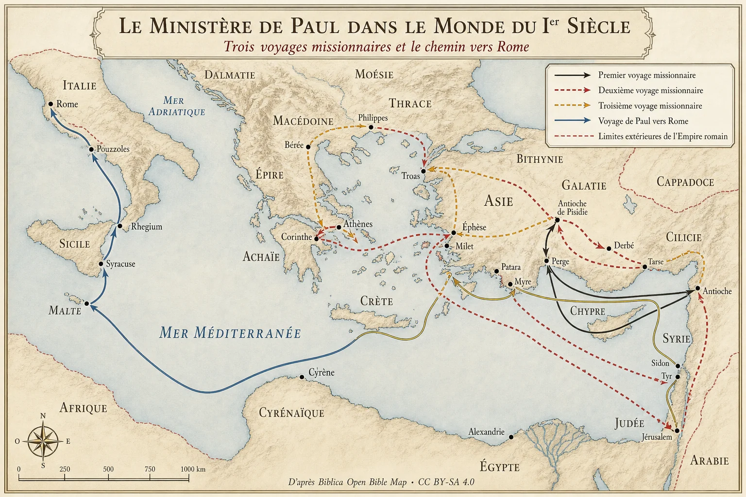 Carte du ministère de Paul dans le monde du Ier siècle, montrant ses trois voyages missionnaires et son chemin vers Rome